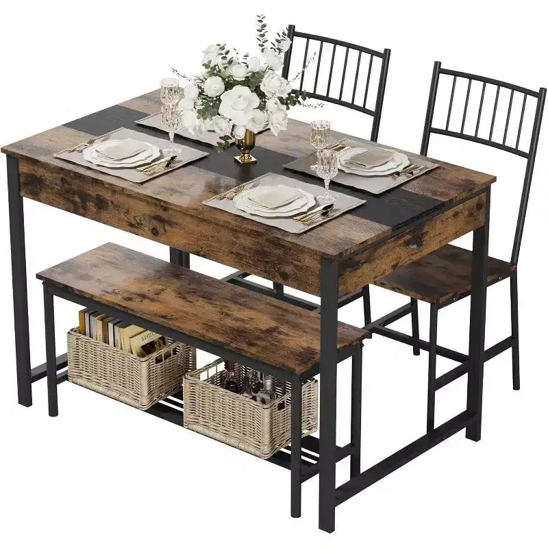 Set da pranzo per 4 persone con tavolo rettangolare in stile rustico, panca, 2 sedie, scaffale portaoggetti e cassetti, ideale per cucine piccole e angoli per la colazione.