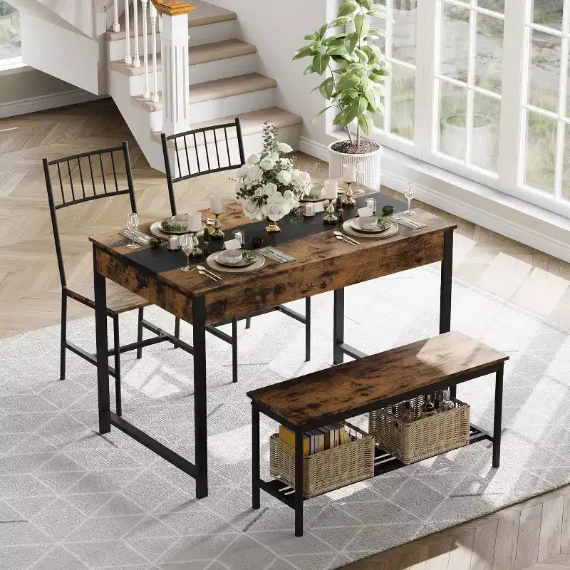Dining Table Set for 4 with Rectangular Farmhouse Table, Bench, 2 Chairs, Storage Rack & Drawers, Ideal for Small Kitchens and Breakfast Nooks.