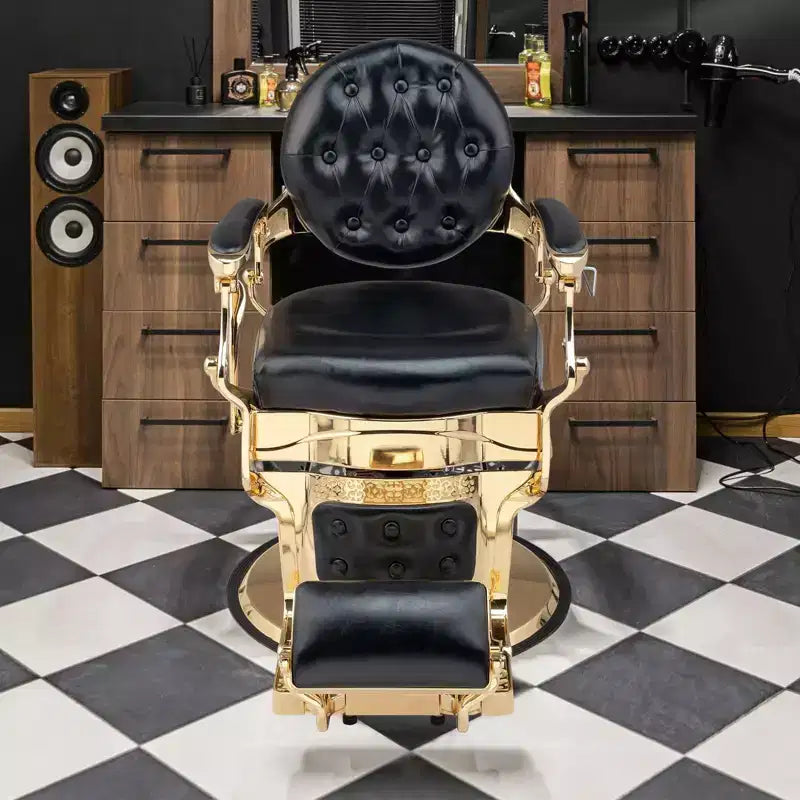 Poltrona da Barbiere Karl Home Nera con Oro in Stile Vintage, Reclinabile, Idraulica, Ultra Resistente