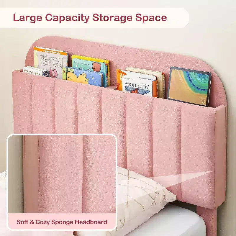 Struttura letto in velluto con libreria, letto a piattaforma per bambini Twin/Twin XL/Full con testiera contenitore, struttura in acciaio resistente
