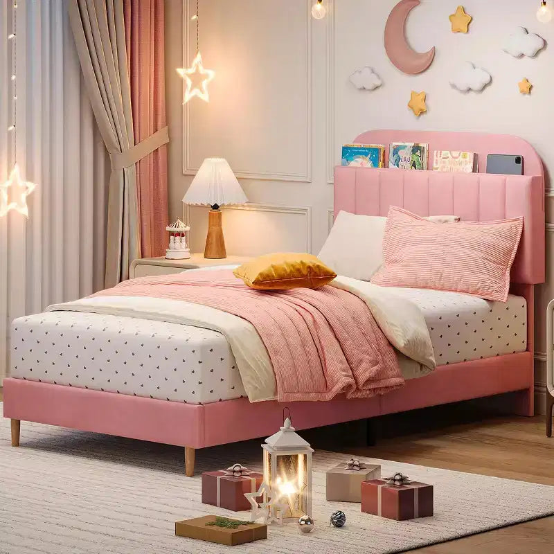 Struttura letto in velluto con libreria, letto a piattaforma per bambini Twin/Twin XL/Full con testiera contenitore, struttura in acciaio resistente