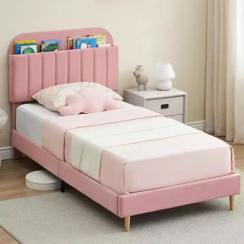 Struttura letto in velluto con libreria, letto a piattaforma per bambini Twin/Twin XL/Full con testiera contenitore, struttura in acciaio resistente