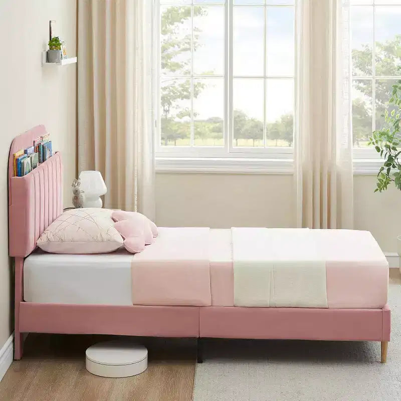 Struttura letto in velluto con libreria, letto a piattaforma per bambini Twin/Twin XL/Full con testiera contenitore, struttura in acciaio resistente