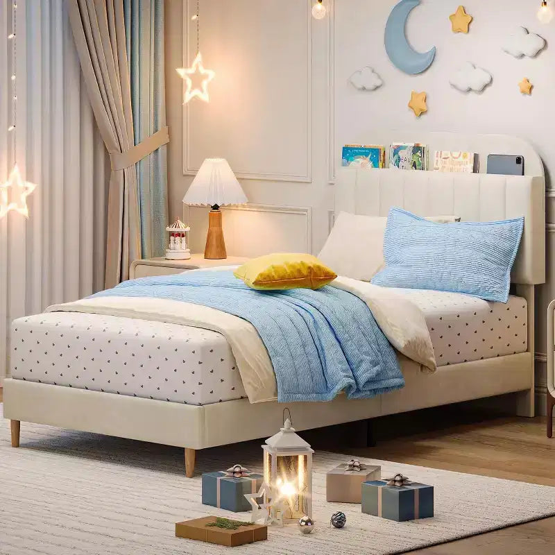 Struttura letto in velluto con libreria, letto a piattaforma per bambini Twin/Twin XL/Full con testiera contenitore, struttura in acciaio resistente