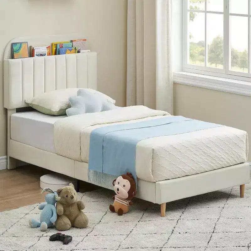 Struttura letto in velluto con libreria, letto a piattaforma per bambini Twin/Twin XL/Full con testiera contenitore, struttura in acciaio resistente