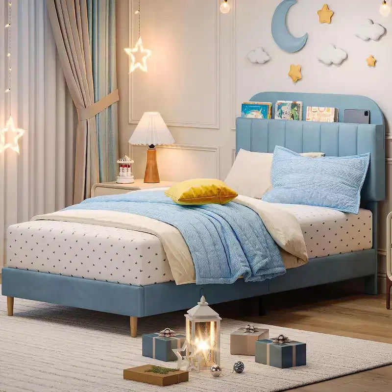 Struttura letto in velluto con libreria, letto a piattaforma per bambini Twin/Twin XL/Full con testiera contenitore, struttura in acciaio resistente