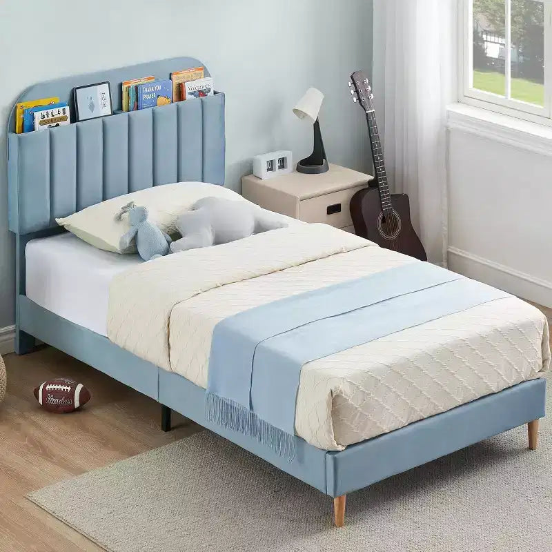 Struttura letto in velluto con libreria, letto a piattaforma per bambini Twin/Twin XL/Full con testiera contenitore, struttura in acciaio resistente