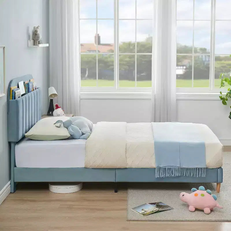 Struttura letto in velluto con libreria, letto a piattaforma per bambini Twin/Twin XL/Full con testiera contenitore, struttura in acciaio resistente