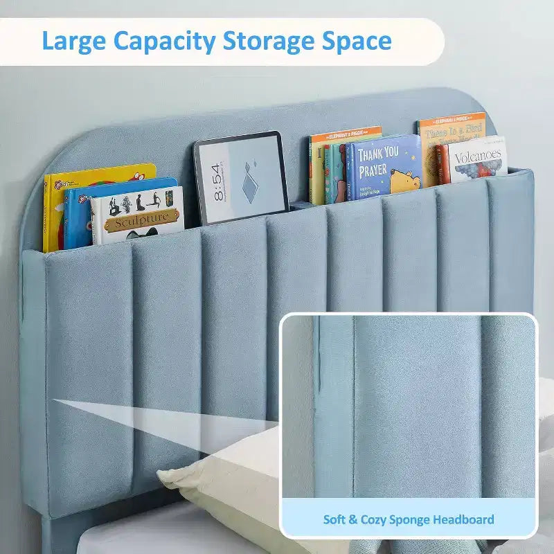 Struttura letto in velluto con libreria, letto a piattaforma per bambini Twin/Twin XL/Full con testiera contenitore, struttura in acciaio resistente