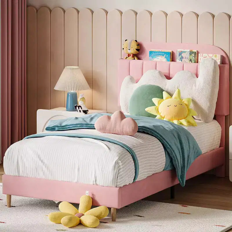 Struttura letto in velluto con libreria, letto a piattaforma per bambini Twin/Twin XL/Full con testiera contenitore, struttura in acciaio resistente