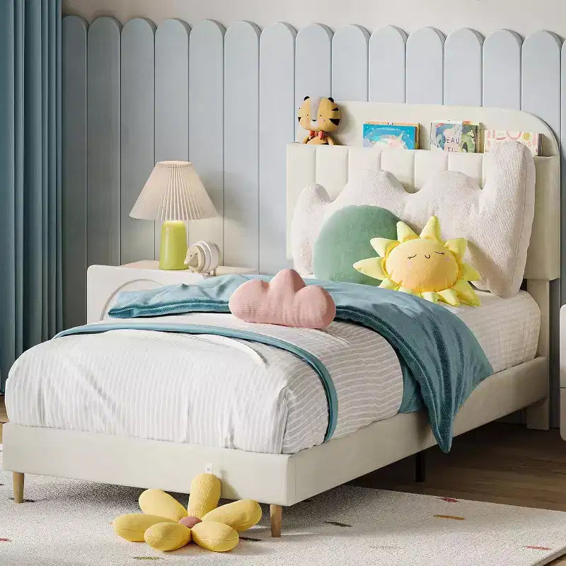 Struttura letto in velluto con libreria, letto a piattaforma per bambini Twin/Twin XL/Full con testiera contenitore, struttura in acciaio resistente