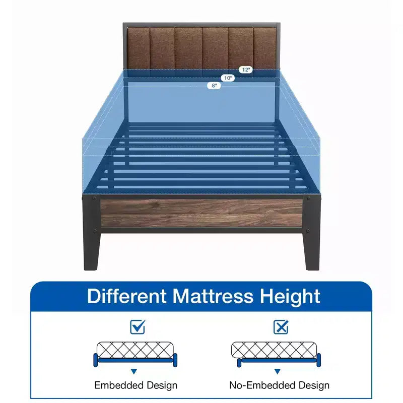 Telaio letto a piattaforma Lusimo Twin XL in metallo con testiera imbottita in tessuto, facile da montare