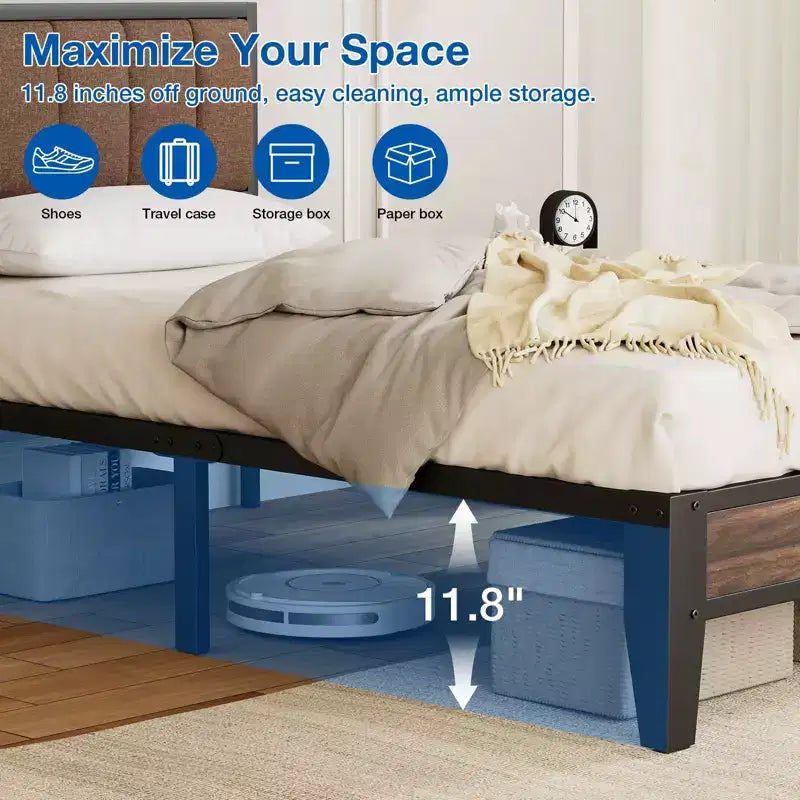 Telaio letto a piattaforma Lusimo Twin XL in metallo con testiera imbottita in tessuto, facile da montare