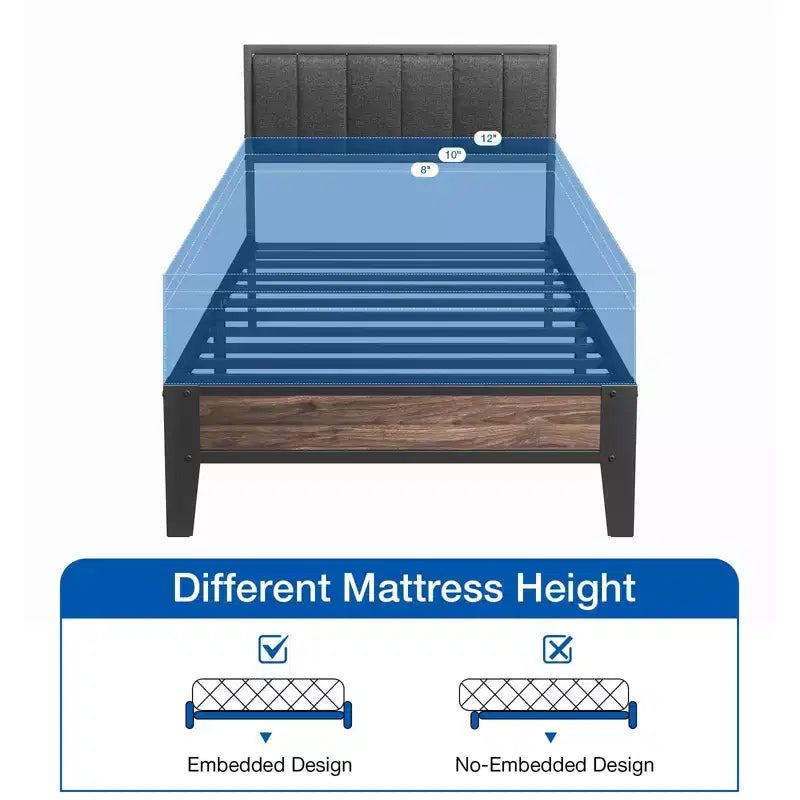 Telaio letto a piattaforma Lusimo Twin XL in metallo con testiera imbottita in tessuto, facile da montare