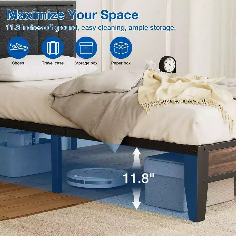 Telaio letto a piattaforma Lusimo Twin XL in metallo con testiera imbottita in tessuto, facile da montare