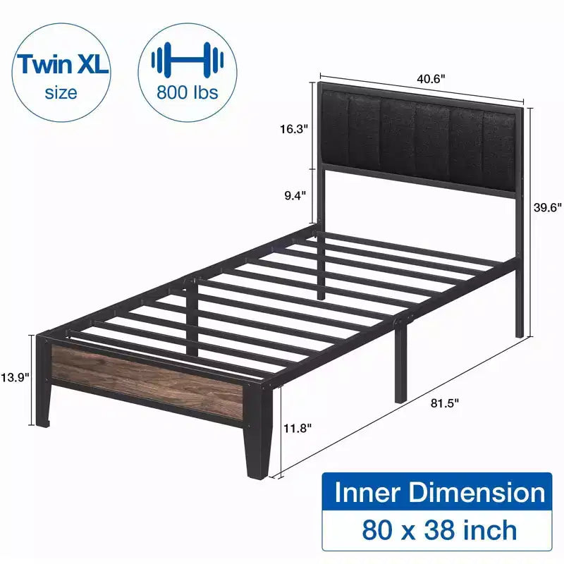 Telaio letto a piattaforma Lusimo Twin XL in metallo con testiera imbottita in tessuto, facile da montare