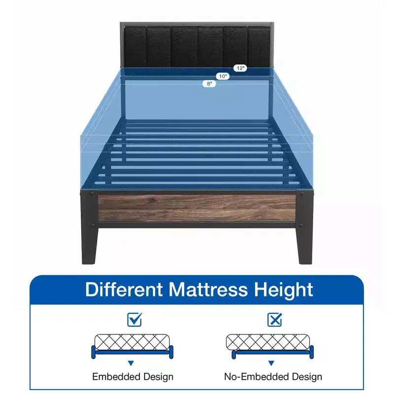 Telaio letto a piattaforma Lusimo Twin XL in metallo con testiera imbottita in tessuto, facile da montare