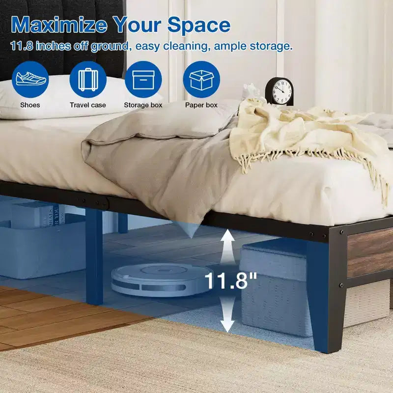 Telaio letto a piattaforma Lusimo Twin XL in metallo con testiera imbottita in tessuto, facile da montare