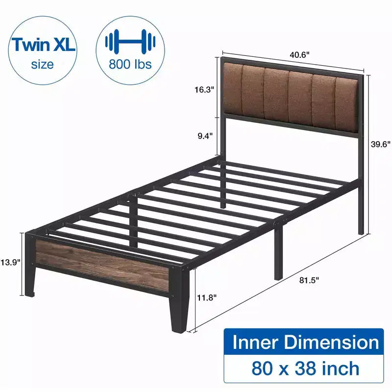 Telaio letto a piattaforma Lusimo Twin XL in metallo con testiera imbottita in tessuto, facile da montare