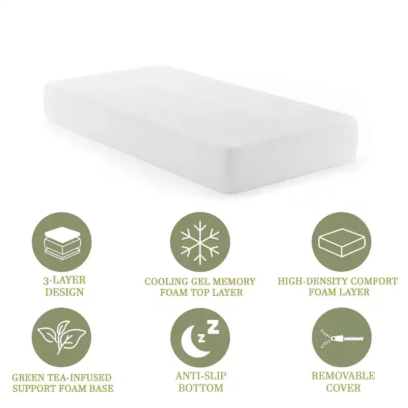 Materasso in memory foam Merrick Lane in scatola a 3 strati, con rivestimento lavabile, schiuma infusa al tè verde, gel rinfrescante e schiuma certificata CertiPUR-US