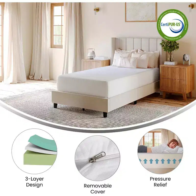 Materasso in memory foam Merrick Lane in scatola a 3 strati, con rivestimento lavabile, schiuma infusa al tè verde, gel rinfrescante e schiuma certificata CertiPUR-US