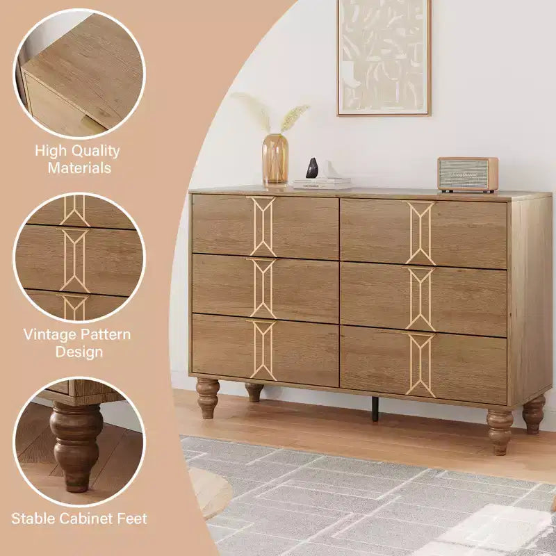 Cassettiera a 6 cassetti GustoWave per camera da letto, cassettiera moderna in legno con maniglia in metallo, cassettiera grande con cassetti per riporre gli oggetti