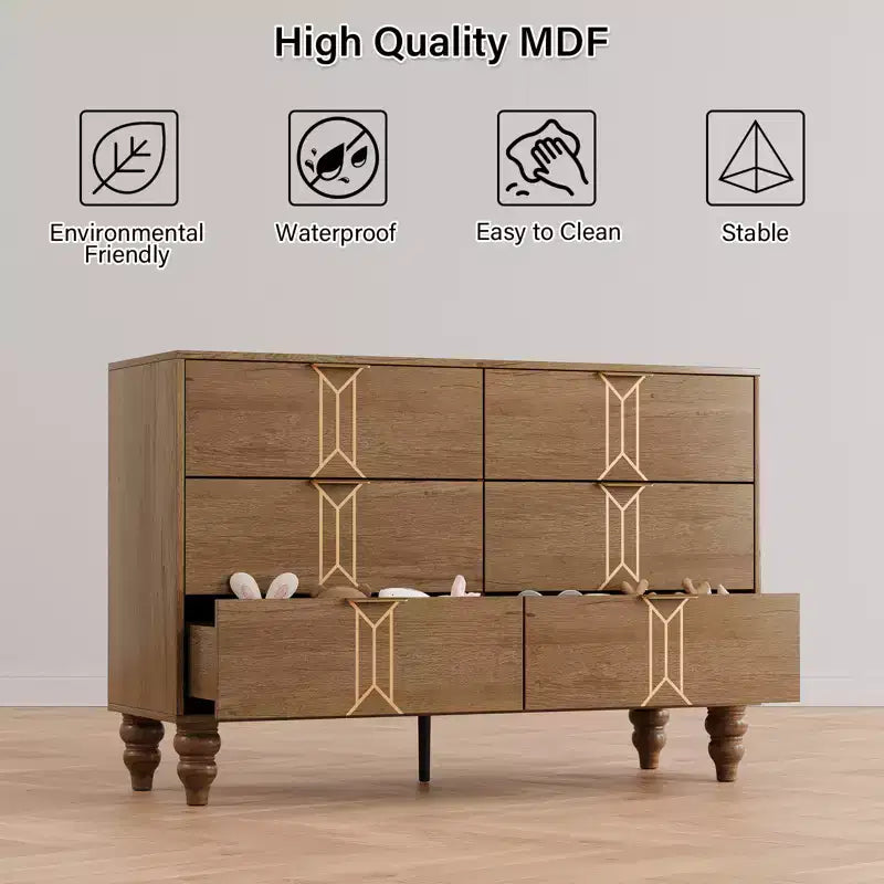 Cassettiera a 6 cassetti GustoWave per camera da letto, cassettiera moderna in legno con maniglia in metallo, cassettiera grande con cassetti per riporre gli oggetti