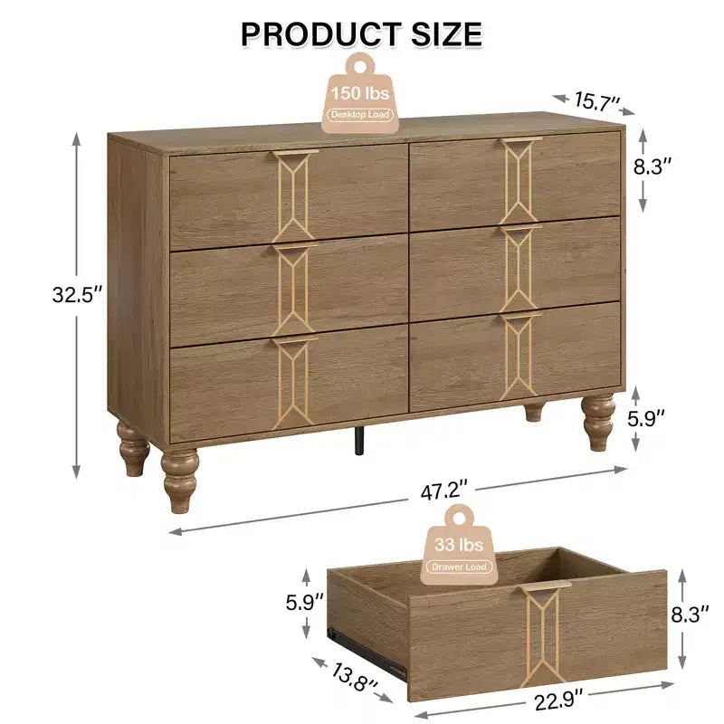 Cassettiera a 6 cassetti GustoWave per camera da letto, cassettiera moderna in legno con maniglia in metallo, cassettiera grande con cassetti per riporre gli oggetti