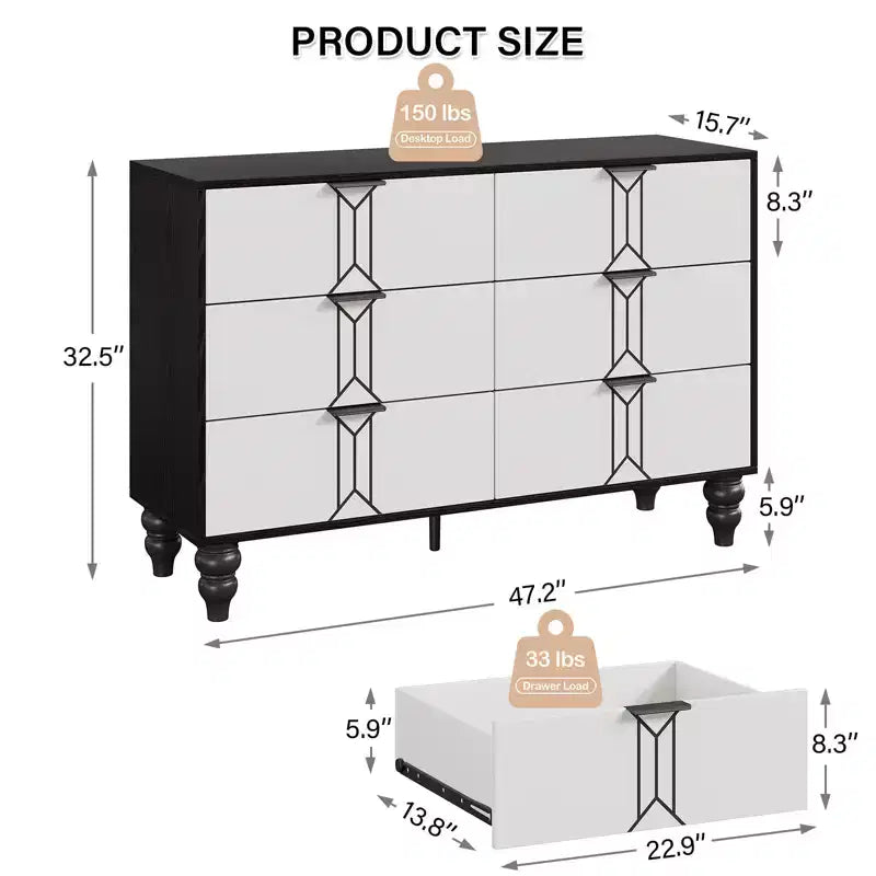 Cassettiera a 6 cassetti GustoWave per camera da letto, cassettiera moderna in legno con maniglia in metallo, cassettiera grande con cassetti per riporre gli oggetti