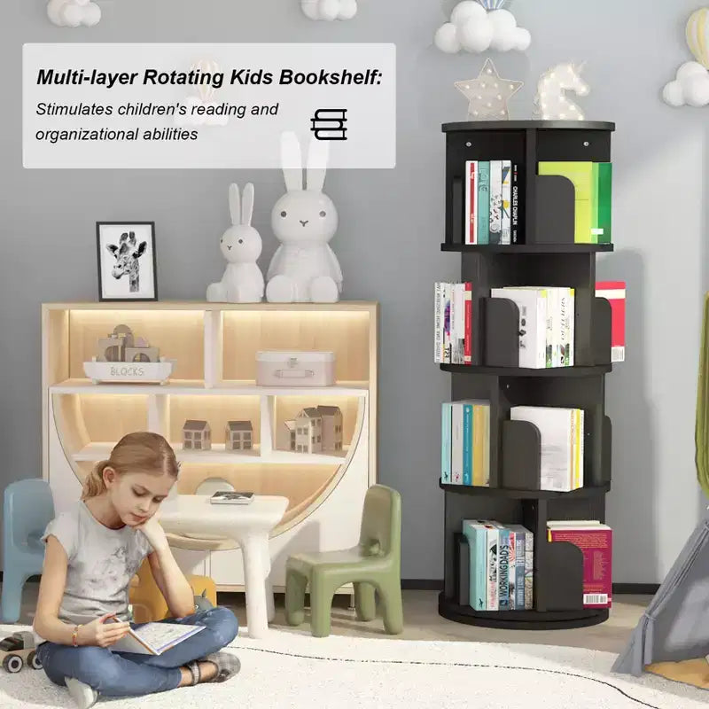 Libreria rotante a 4 ripiani con rotazione a 360°, scaffale angolare in legno per bambini e adulti, salvaspazio per camera da letto e soggiorno