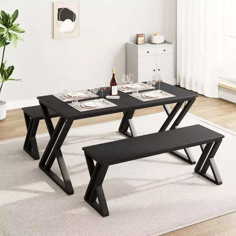 Rectangular Kitchen Table Set with Sturdy Metal Frame, Dining Table with Benches for 4, Space-Saving Design for Kitchen, Dining Room, and Apartment