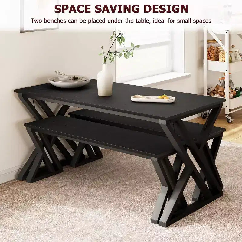 Set tavolo da cucina rettangolare con robusto telaio in metallo, tavolo da pranzo con panche per 4 persone, design salvaspazio per cucina, sala da pranzo e appartamento