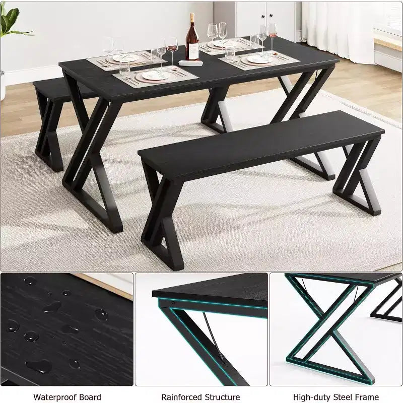 Set tavolo da cucina rettangolare con robusto telaio in metallo, tavolo da pranzo con panche per 4 persone, design salvaspazio per cucina, sala da pranzo e appartamento