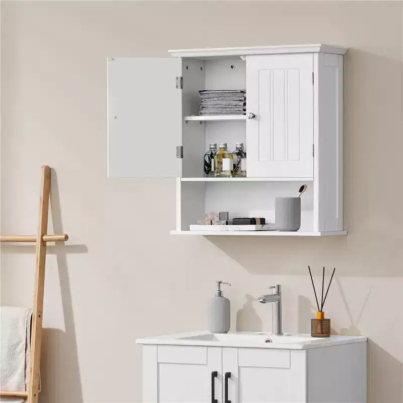 Yaheetech Armadietto a Muro con Scomparto Aperto e Ripiano Regolabile per Soggiorno, Lavanderia, Ingresso, Bianco
