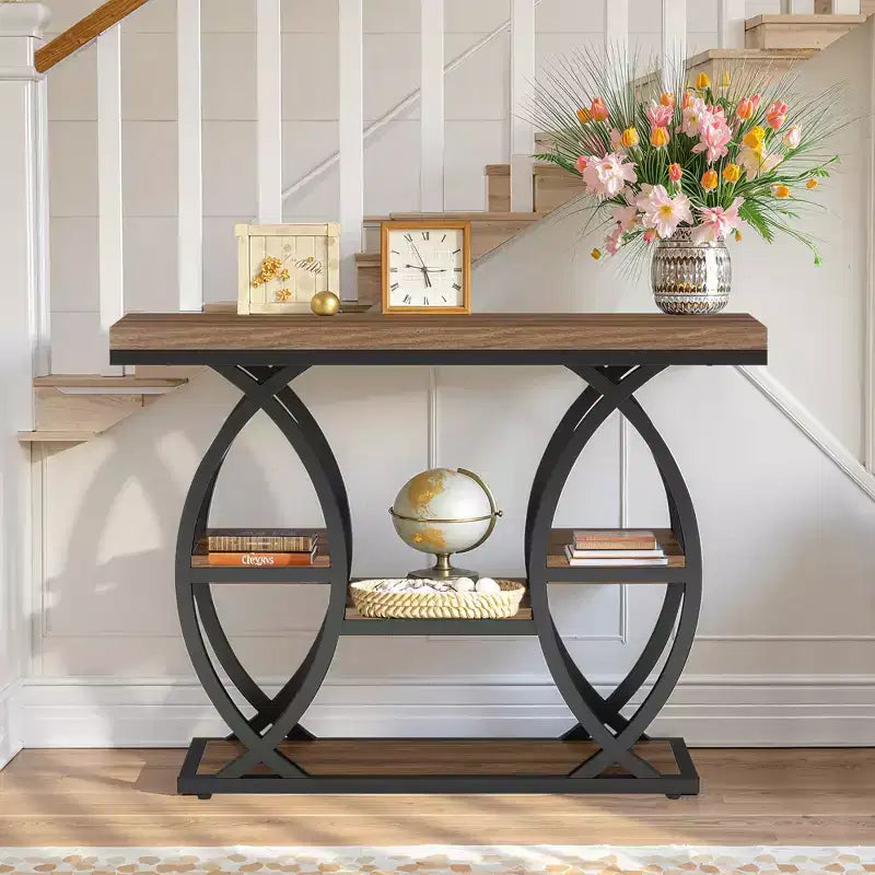 MAYEERTY 4-Tier Industrial Console Table, Rustic Top Geometric Metal Base Narrow Entryway Table
