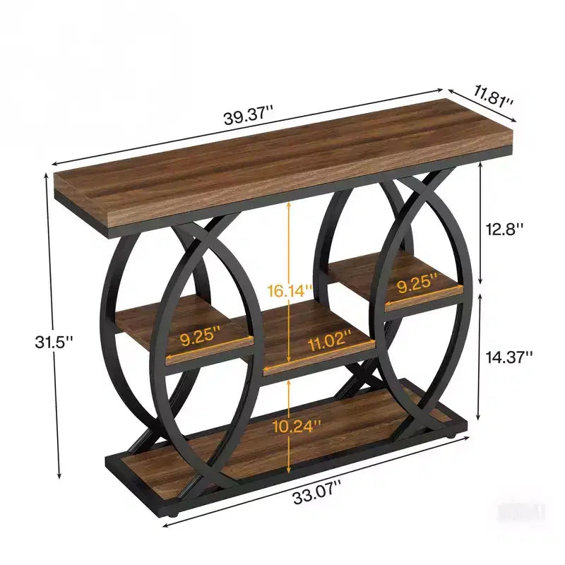 MAYEERTY Tavolo Consolle Industriale a 4 Livelli, Tavolino da Ingresso Stretto con Ripiano Rustico e Base Geometrica in Metallo