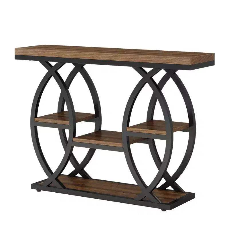 MAYEERTY Tavolo Consolle Industriale a 4 Livelli, Tavolino da Ingresso Stretto con Ripiano Rustico e Base Geometrica in Metallo