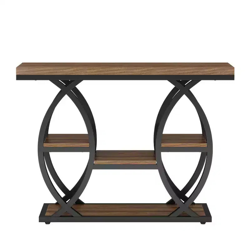 MAYEERTY Tavolo Consolle Industriale a 4 Livelli, Tavolino da Ingresso Stretto con Ripiano Rustico e Base Geometrica in Metallo