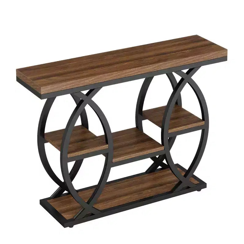 MAYEERTY Tavolo Consolle Industriale a 4 Livelli, Tavolino da Ingresso Stretto con Ripiano Rustico e Base Geometrica in Metallo