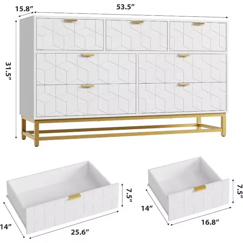 Cassettiera Camera da Letto 53.5 Ampia Cassettiera Organizer a 7 Cassetti con Maniglia, Gambe in Metallo Dorato
