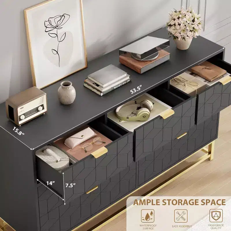 Cassettiera Camera da Letto 53.5 Ampia Cassettiera Organizer a 7 Cassetti con Maniglia, Gambe in Metallo Dorato