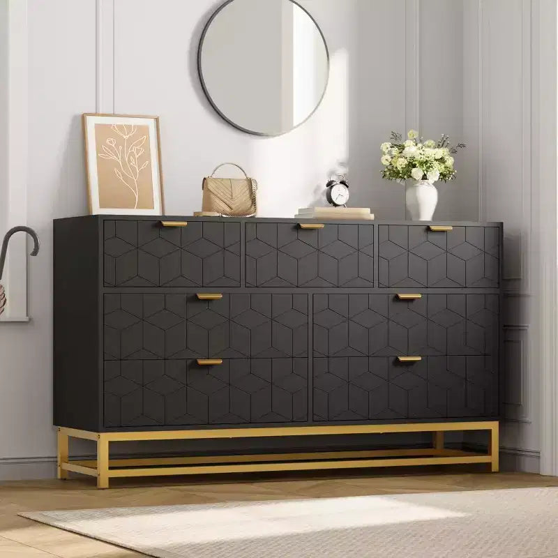 Dresser Bedroom 53.5 Wide Dresser Organizer 7 Drawer w/Golden Metal Handle,Legs