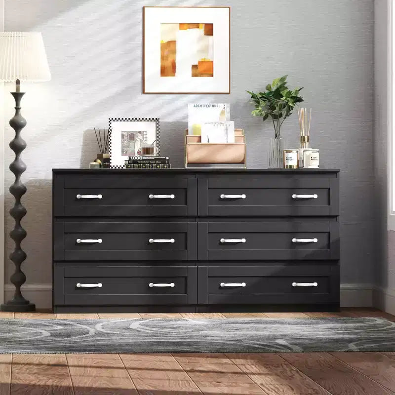 MAYEERTY Modern Side Cabinet with 6 Drawers Wood Chest of Drawers with Metal Handle for Bedroom Living Room Black