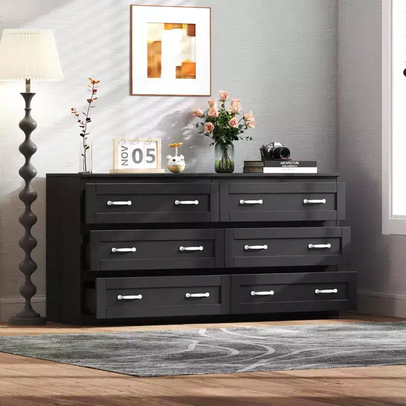 MAYEERTY Comò moderno con 6 cassetti in legno con maniglie in metallo per camera da letto, soggiorno, nero