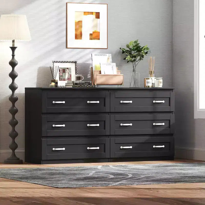 MAYEERTY Comò moderno con 6 cassetti in legno con maniglie in metallo per camera da letto, soggiorno, nero