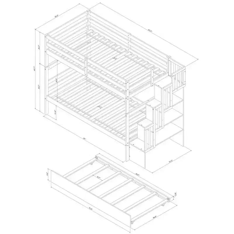Letto a castello in legno Okak Twin su Twin con letto estraibile, letto a castello a soppalco con scala contenitore per bambini e ragazzi, facile da montare, non è richiesta la rete a molle