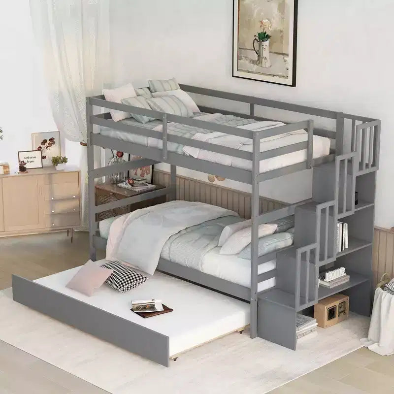 Letto a castello in legno Okak Twin su Twin con letto estraibile, letto a castello a soppalco con scala contenitore per bambini e ragazzi, facile da montare, non è richiesta la rete a molle