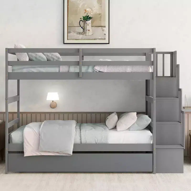 Letto a castello in legno Okak Twin su Twin con letto estraibile, letto a castello a soppalco con scala contenitore per bambini e ragazzi, facile da montare, non è richiesta la rete a molle
