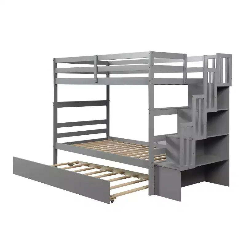 Letto a castello in legno Okak Twin su Twin con letto estraibile, letto a castello a soppalco con scala contenitore per bambini e ragazzi, facile da montare, non è richiesta la rete a molle