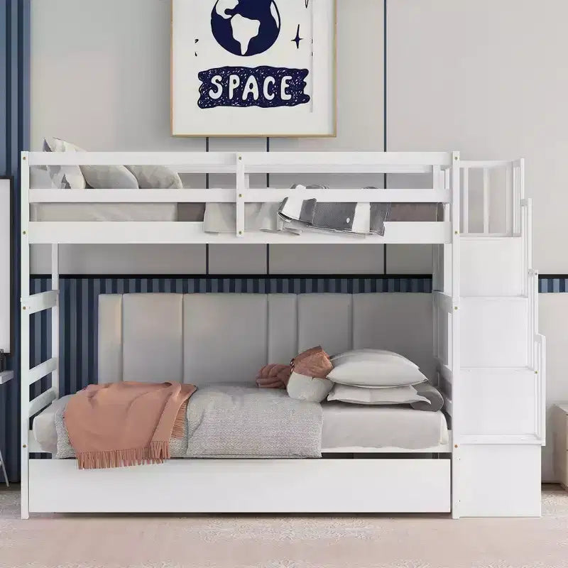 Letto a castello in legno Okak Twin su Twin con letto estraibile, letto a castello a soppalco con scala contenitore per bambini e ragazzi, facile da montare, non è richiesta la rete a molle
